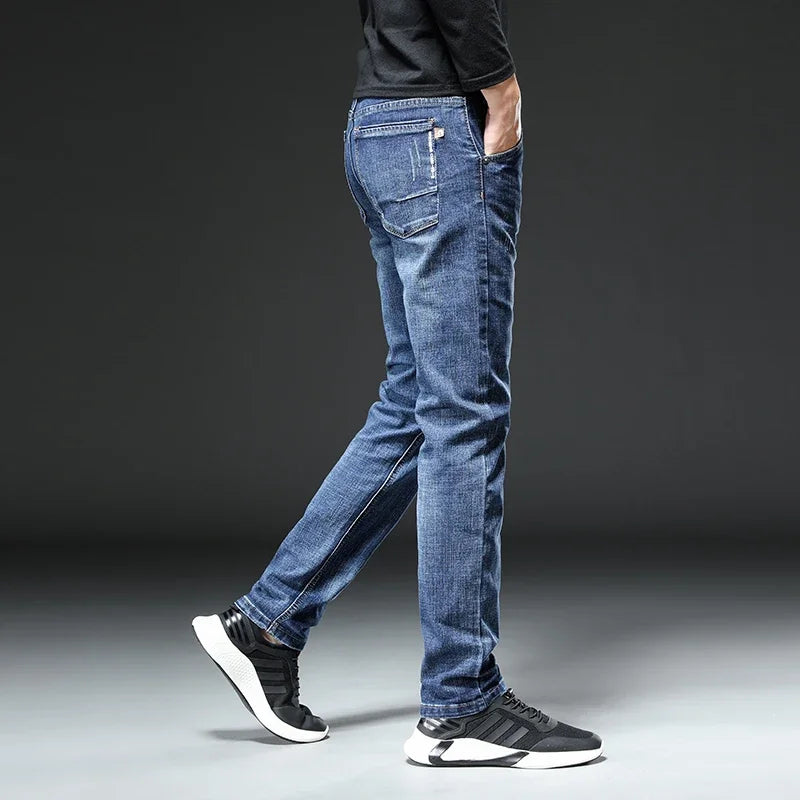 Jeans Men Autumn Midweight Blue Slim Straight Denim Pants